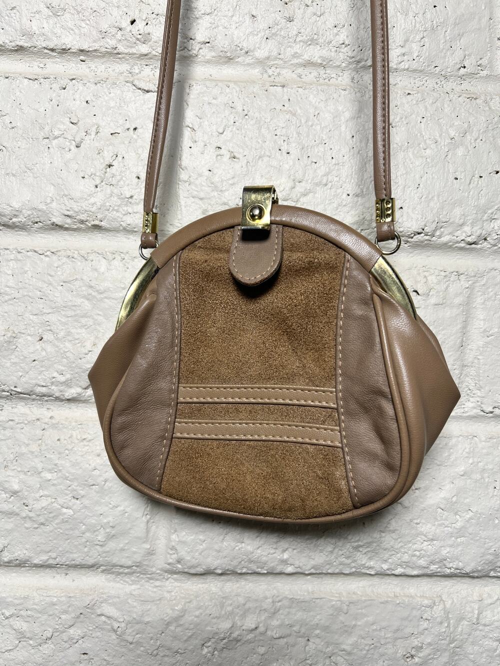 Vintage 1970s Suede Leather Frame Purse Taupe Brown Gold Shoulder Bag